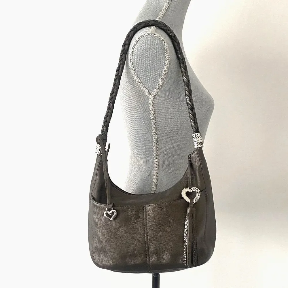 BRIGHTON Metallic Taupe leather shoulder bag braided handle heat charms Medium